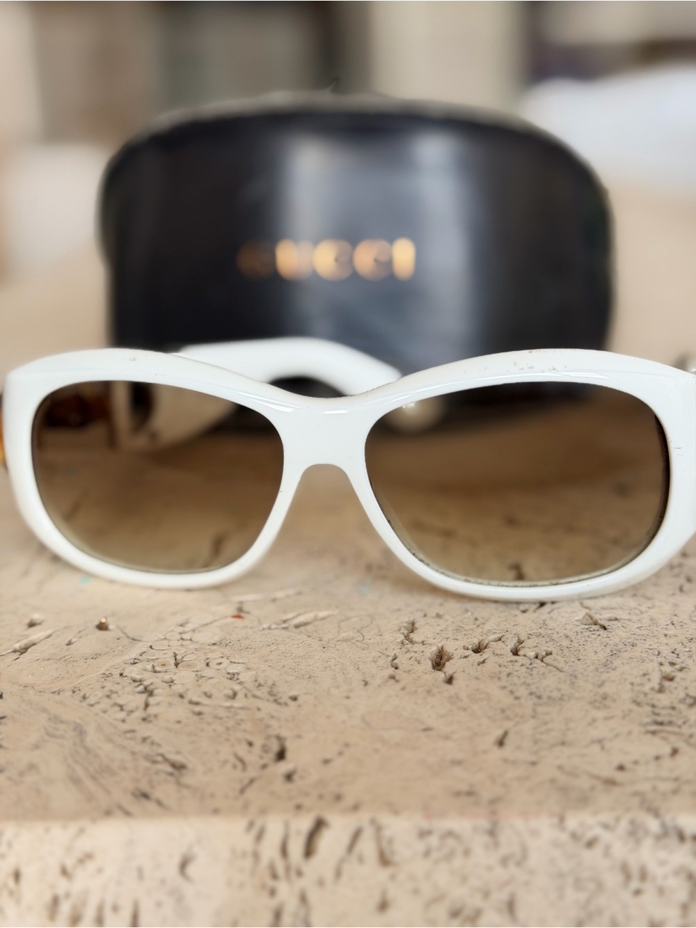 Gucci White Oval Women's Sunglasses with Brown Gradient Lenses